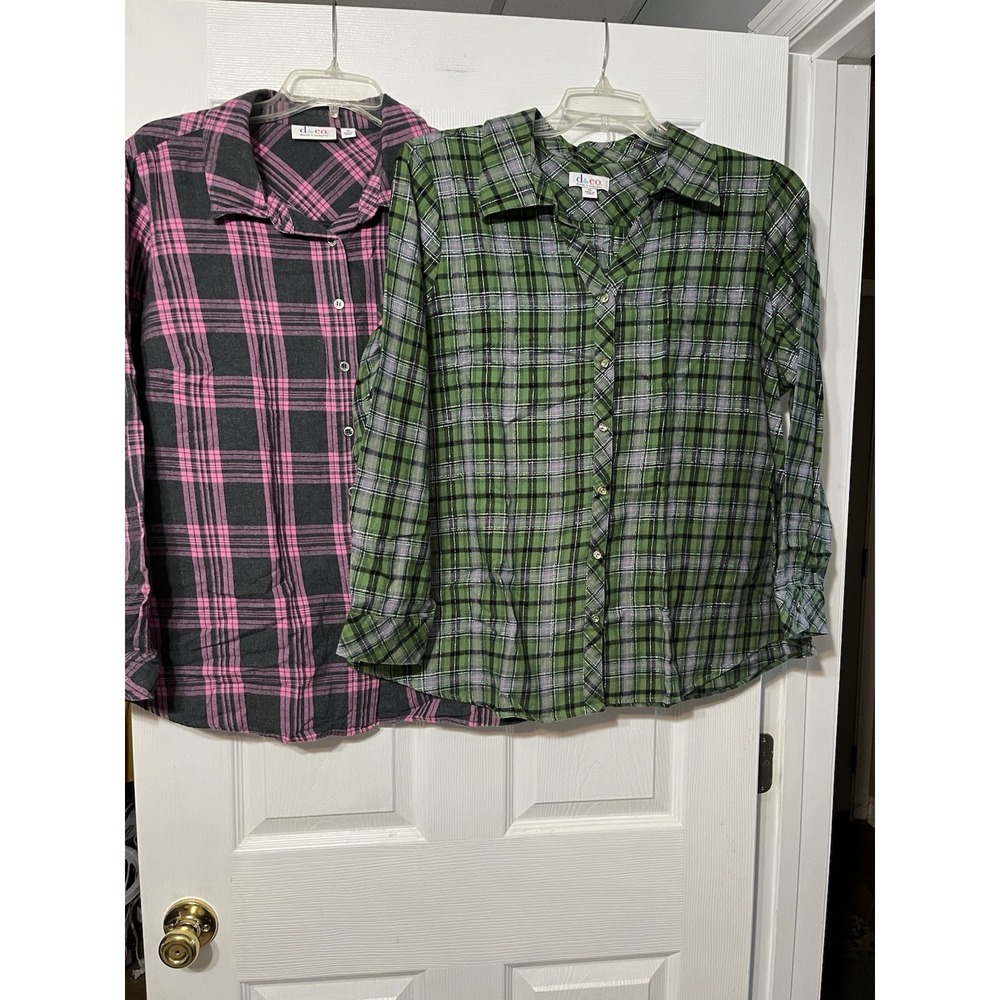 D & Co Lot Of 2 Classic Long Sleeve 100% Cotton Button Up Top Sz 1X Pink & Green